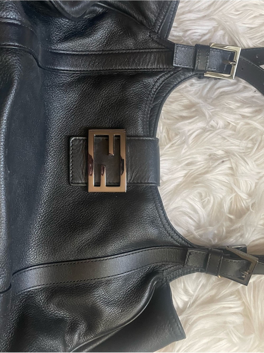 VINTAGE fendi Black Leather Shoulder Bag with Gold Logo Buckle